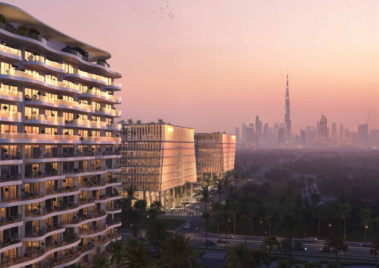 Damac Valencia, DAMAC Lagoons: edificio al atardecer con el skyline de Dubái