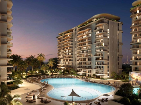 Damac Valencia, DAMAC Lagoons: edificios y piscina al anochecer
