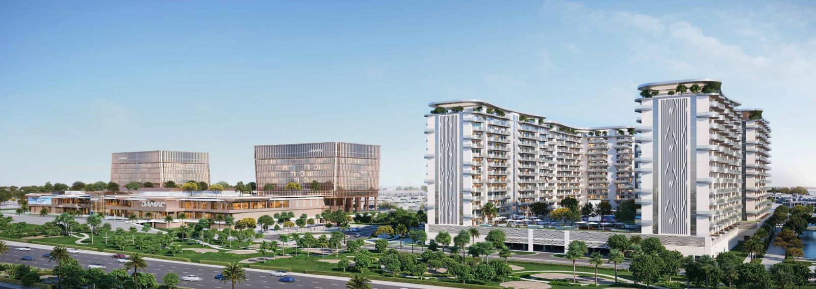 Damac Valencia, DAMAC Lagoons: vista del distrito con oficinas, centro comercial y apartamentos