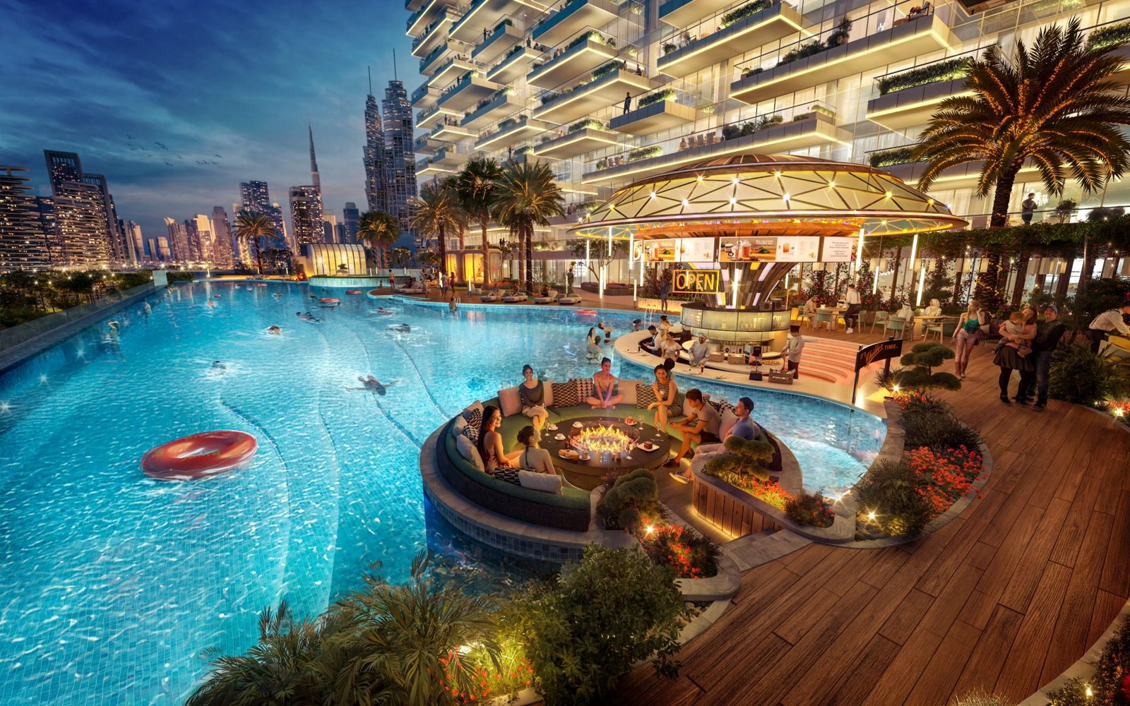 Safa Gate by DAMAC, Sheikh Zayed Road: piscina con zona de fuego y vistas al skyline