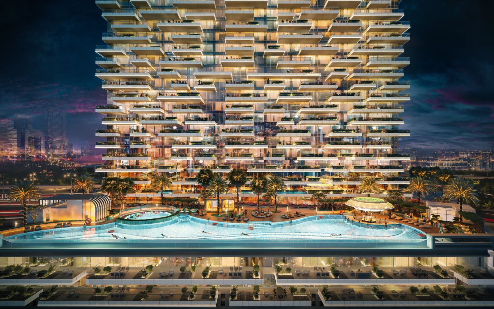 Safa Gate by DAMAC, Sheikh Zayed Road: piscina y fachada de noche