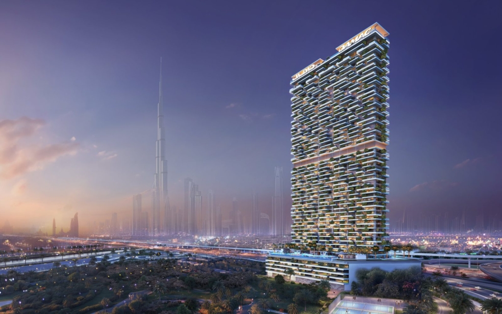 Safa Gate by DAMAC, Sheikh Zayed Road: torre junto al Safa Park con el Burj Khalifa al fondo