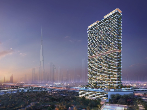 Safa Gate by DAMAC, Sheikh Zayed Road: torre junto al Safa Park con el Burj Khalifa al fondo