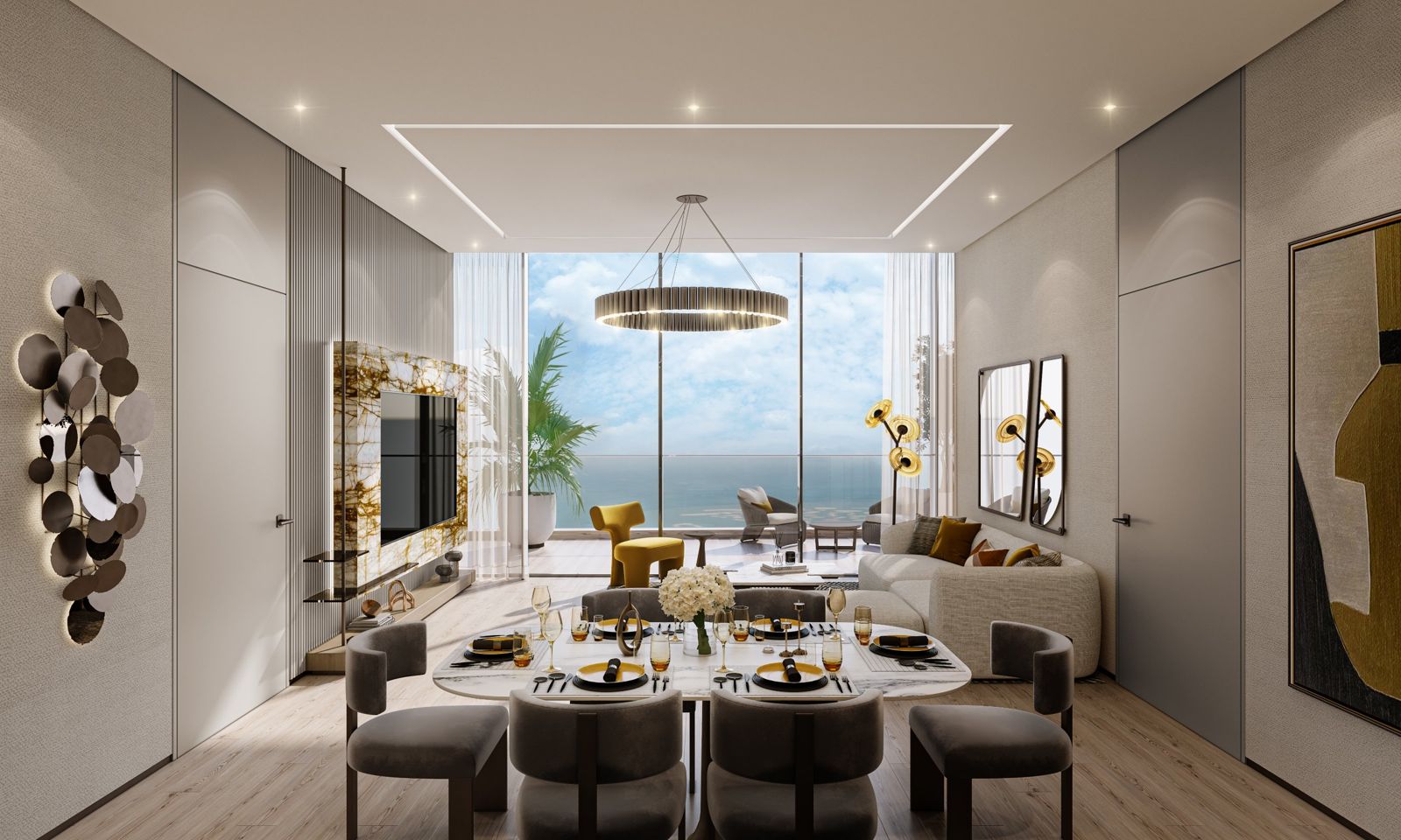 Safa Gate by DAMAC, Sheikh Zayed Road: salón comedor con vistas al mar