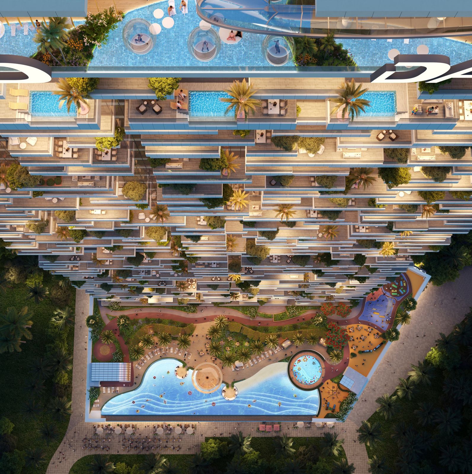 Safa Gate by DAMAC, Sheikh Zayed Road: vista cenital de las piscinas y jardines