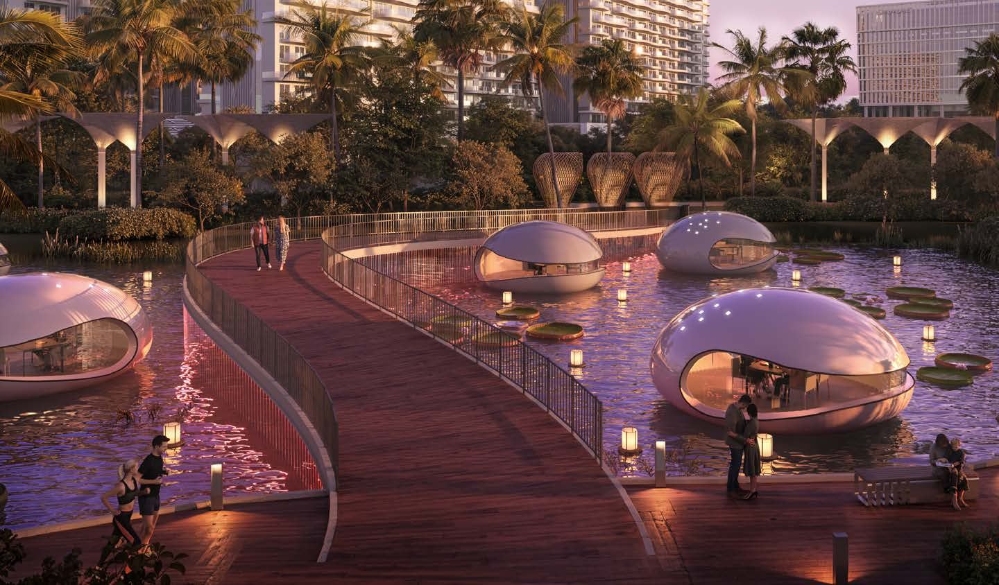 Sorrento, DAMAC Lagoons: cápsulas flotantes y pasarela