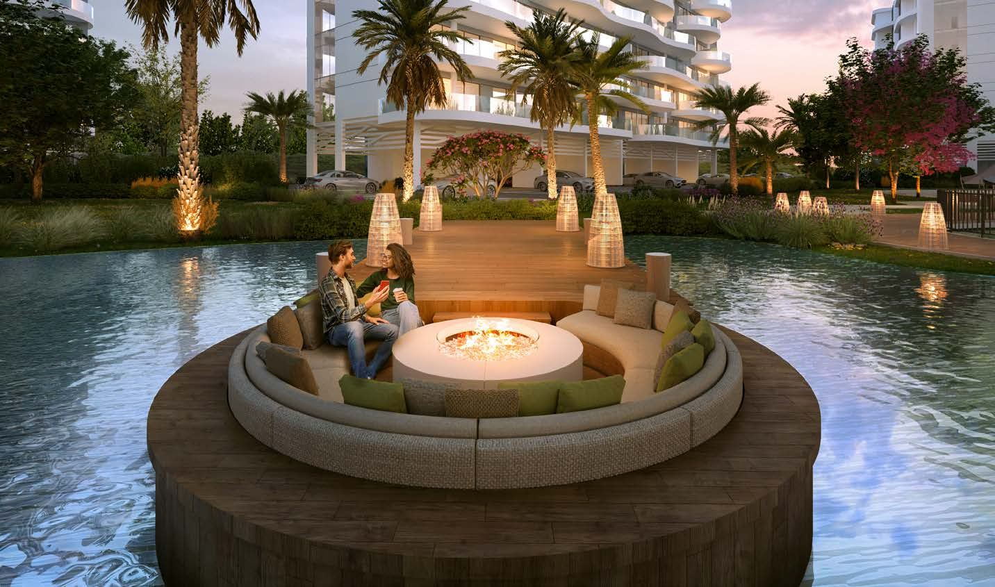 Sorrento, DAMAC Lagoons: lounge con hoguera junto a la laguna