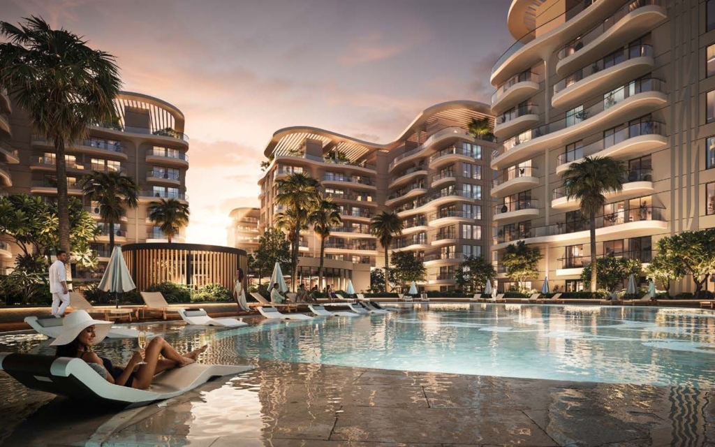 Sorrento, DAMAC Lagoons: edificios y piscina al atardecer
