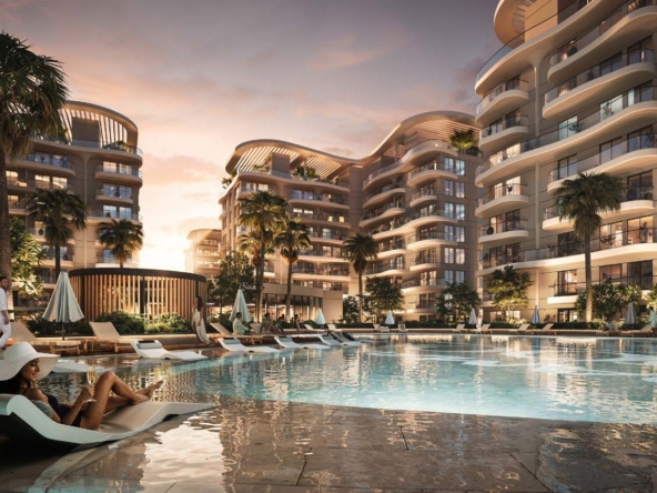 Sorrento, DAMAC Lagoons: edificios y piscina al atardecer