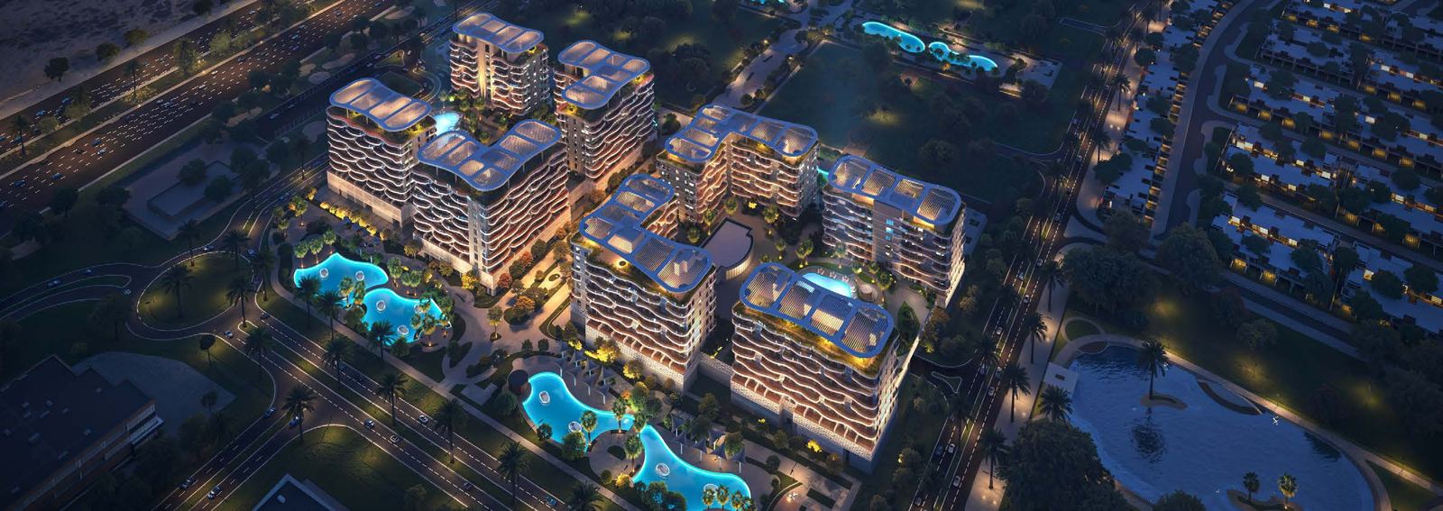Sorrento, DAMAC Lagoons: vista aérea de los edificios y las piscinas