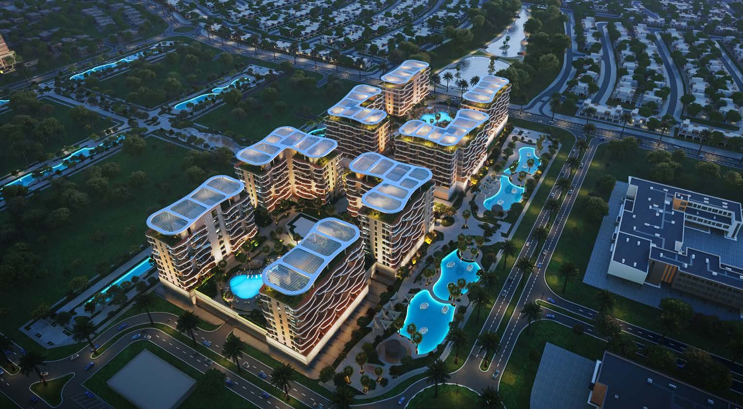 Sorrento, DAMAC Lagoons: vista aérea nocturna de los edificios